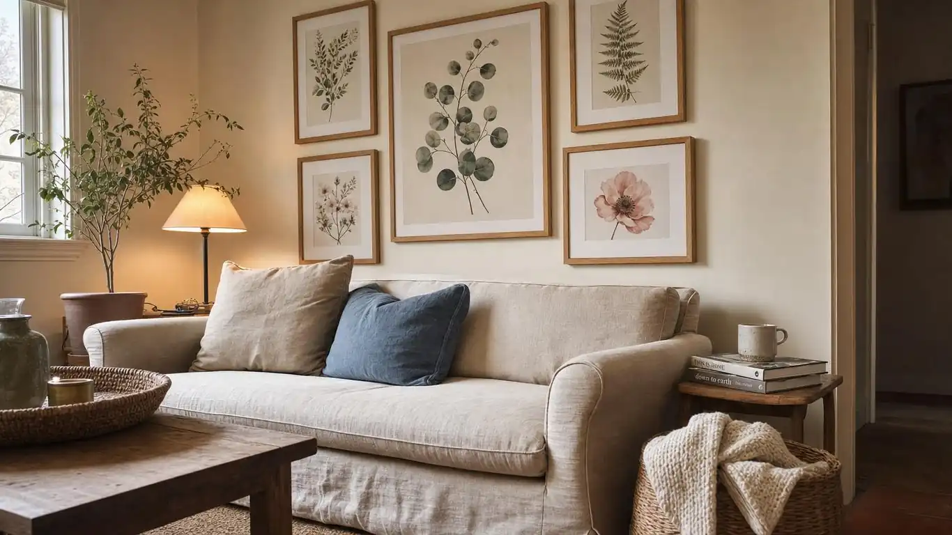 Spring botanical art gallery wall above a linen sofa with sage green and cream prints