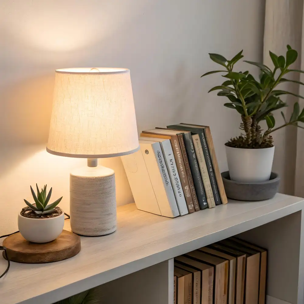 Affordable nightstand styling with a simple tray, mid-priced lamp, small plant, and a stack of books on a wood table