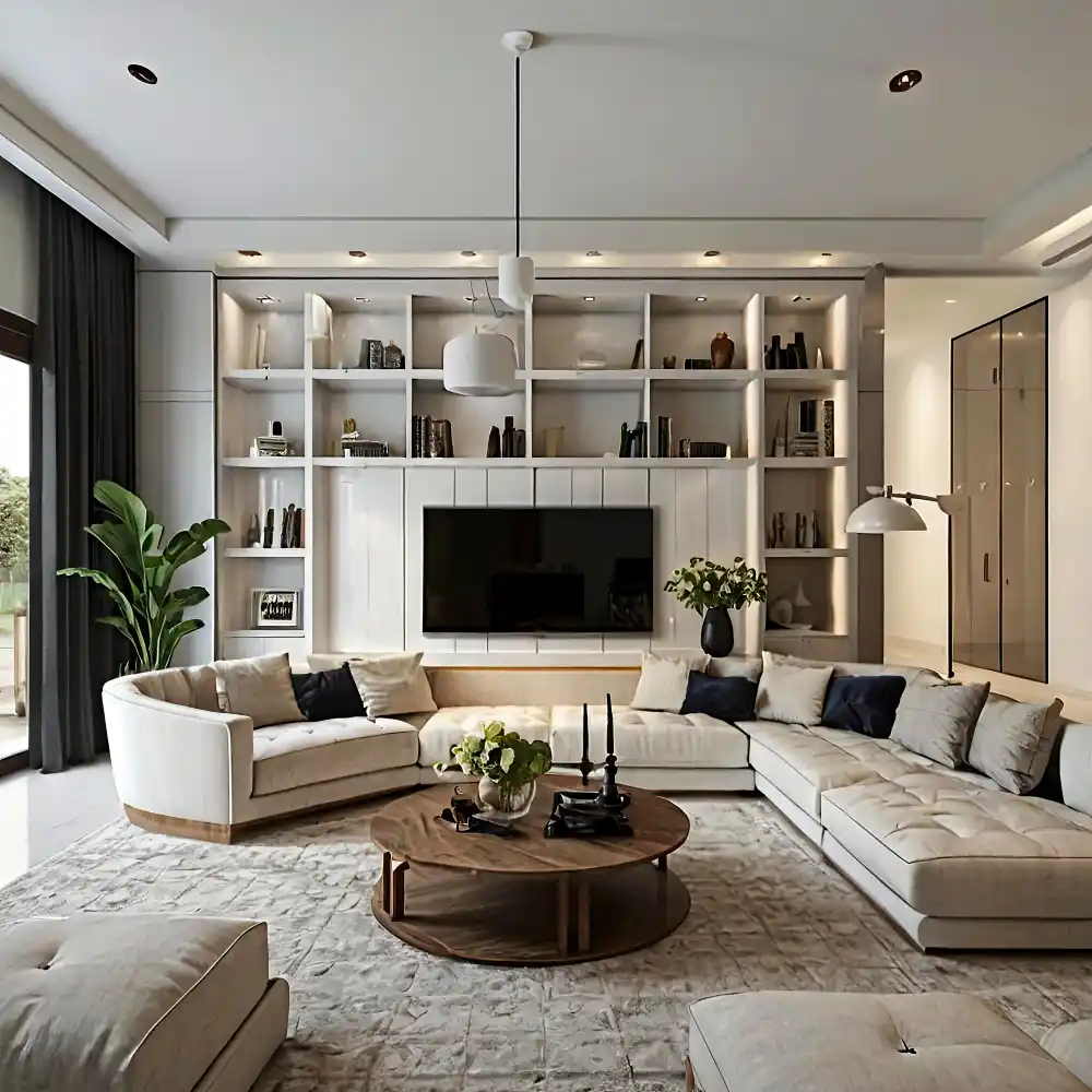 Living room with cream built-in shelves on one full wall, linen sofa at 18-inch clearance, and clear sightline from seating area