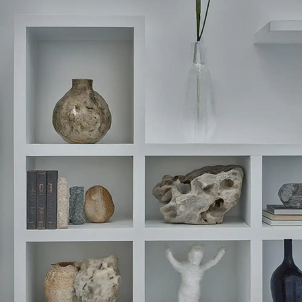 Close-up of styled built-in shelf section showing one-third books, one-third ceramics and plants, one-third open space