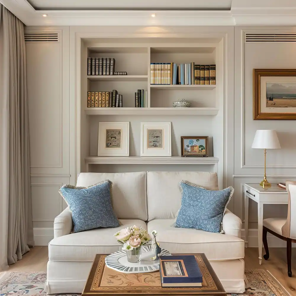 Small rental living room with freestanding bookcases finished in crown molding trim and wall-matching paint to resemble built-in shelves