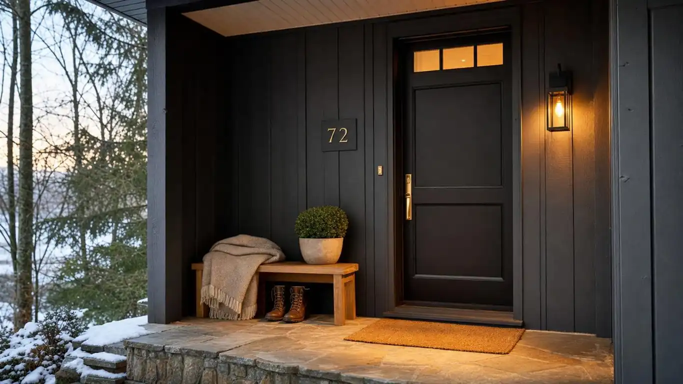 Close-up of winter cabin entry with matte black lantern, dark board-and-batten siding, and warm amber light at dusk