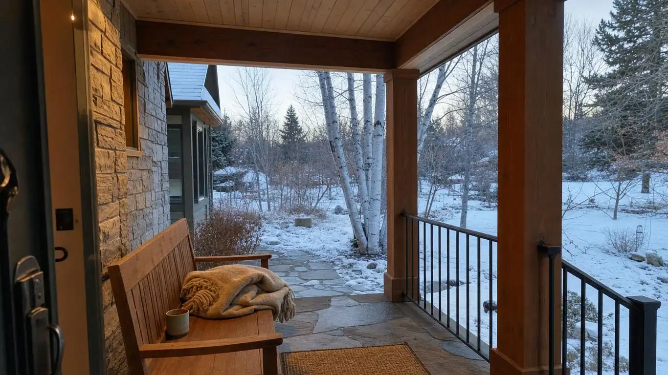 Comparison of winter cabin exterior with warm lighting and natural trim versus cool-white lighting and bright white trim