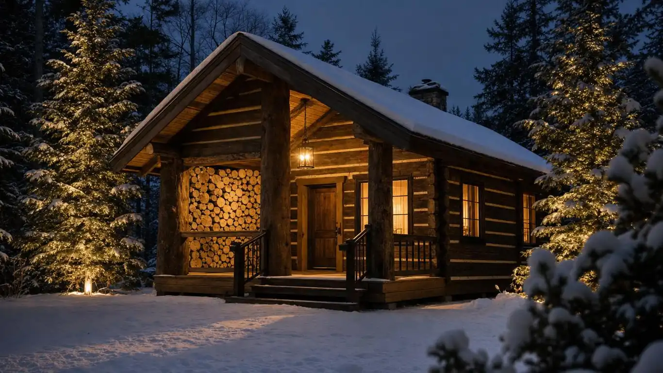 Winter cabin exterior at night showing warm 2700K lantern lighting, uplight on birch tree, and glowing front porch in snow