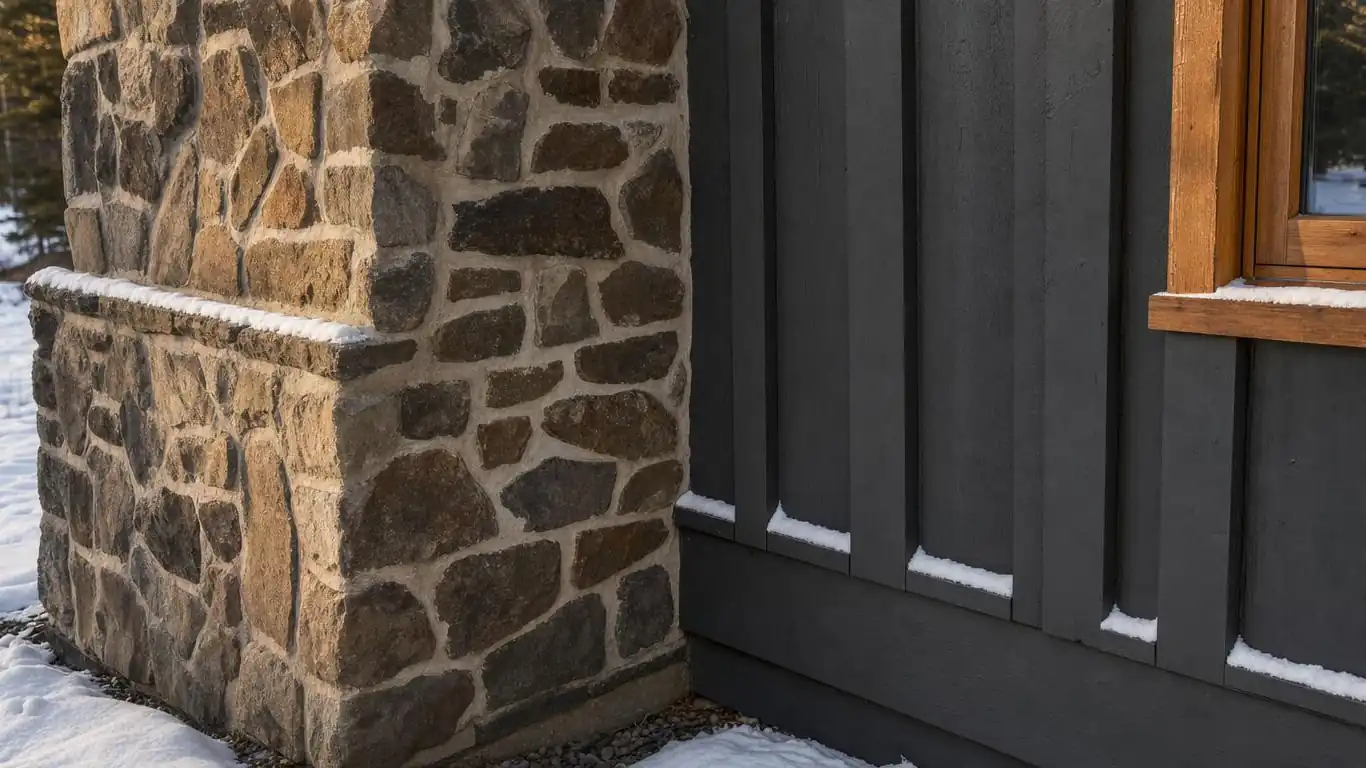 Detail of rustic cabin exterior showing stacked fieldstone base, dark siding, and natural cedar timber trim in winter light