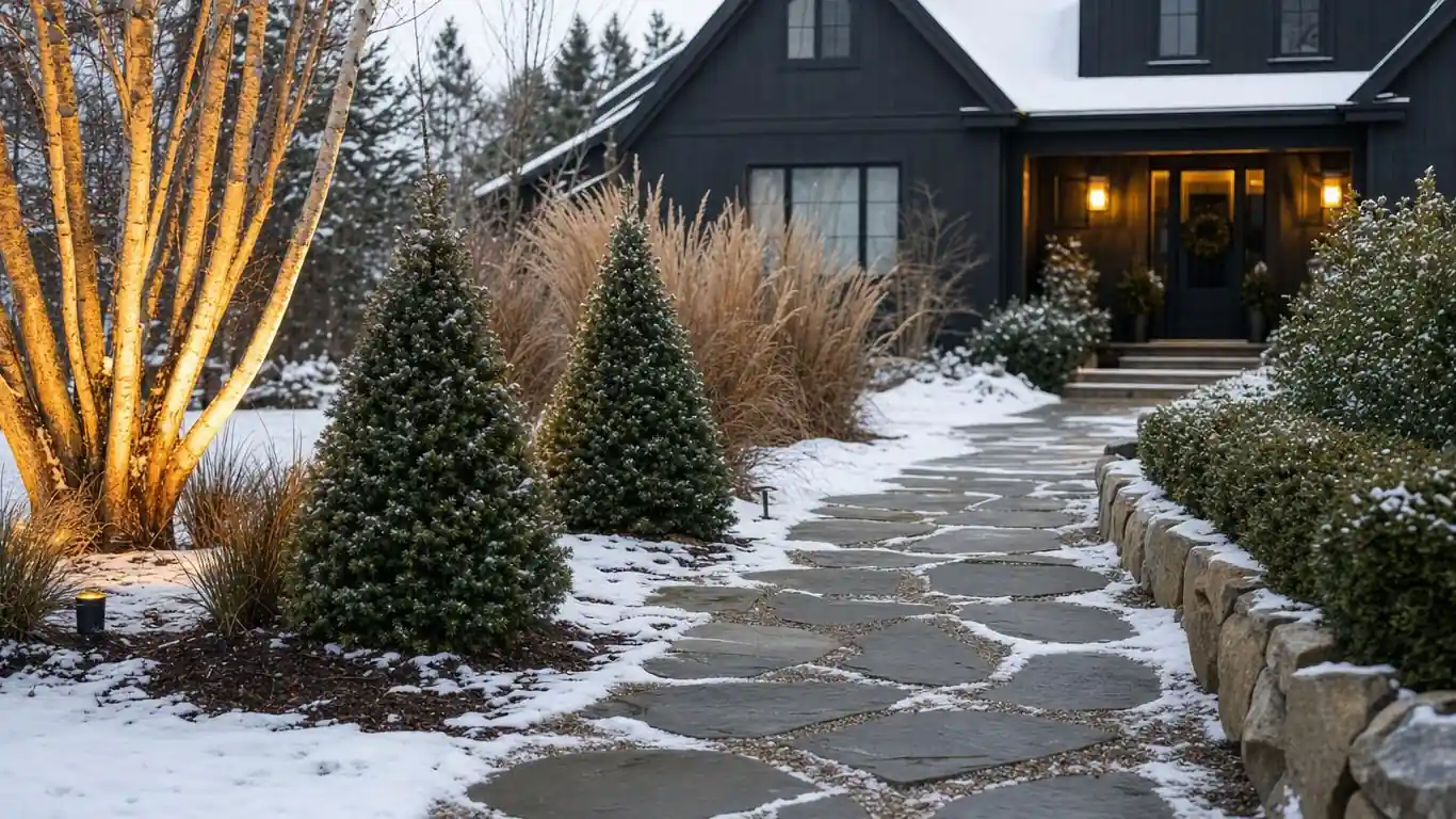 Cabin entry pathway in winter with evergreen foundation shrubs, standing ornamental grasses, flagstone path, and birch bundles