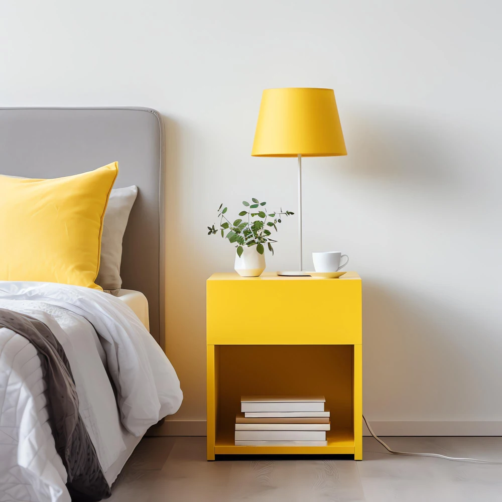 Cleared nightstand with single lamp, small decorative tray, and one book showing calm edited surface styling