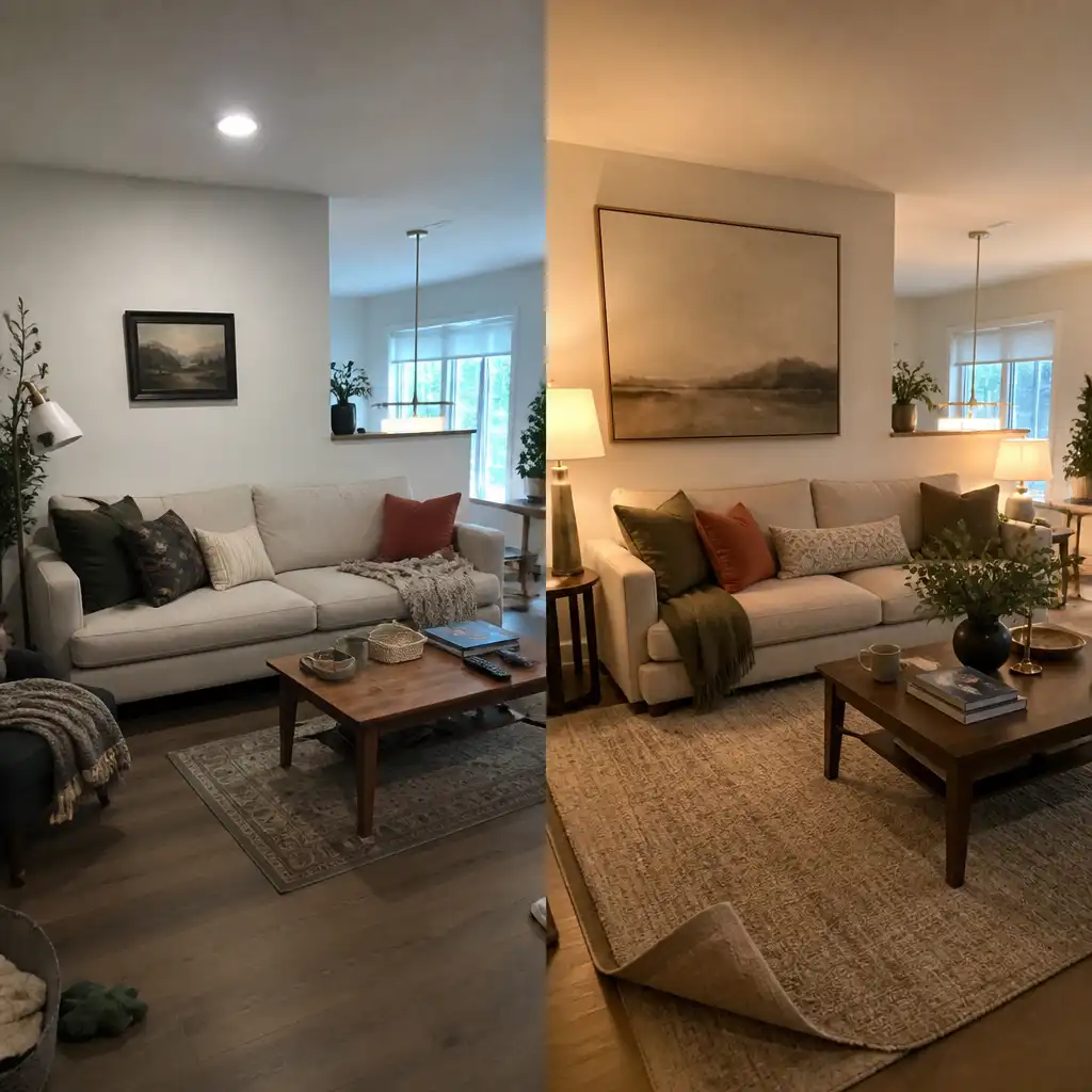 Calm cream sofa with olive pillows, wool rug, walnut table, ceramic lamp, and edited decor