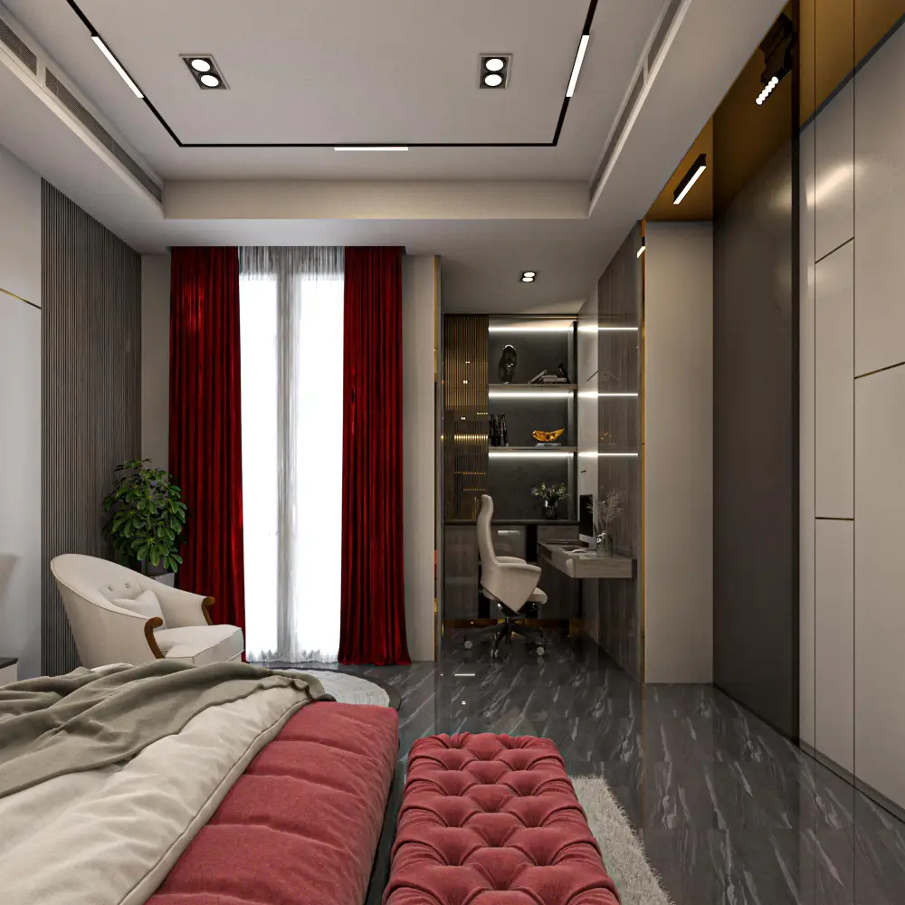 Ceiling-mounted curtain track in a studio apartment with floor-length linen panels dividing the sleeping and living zones