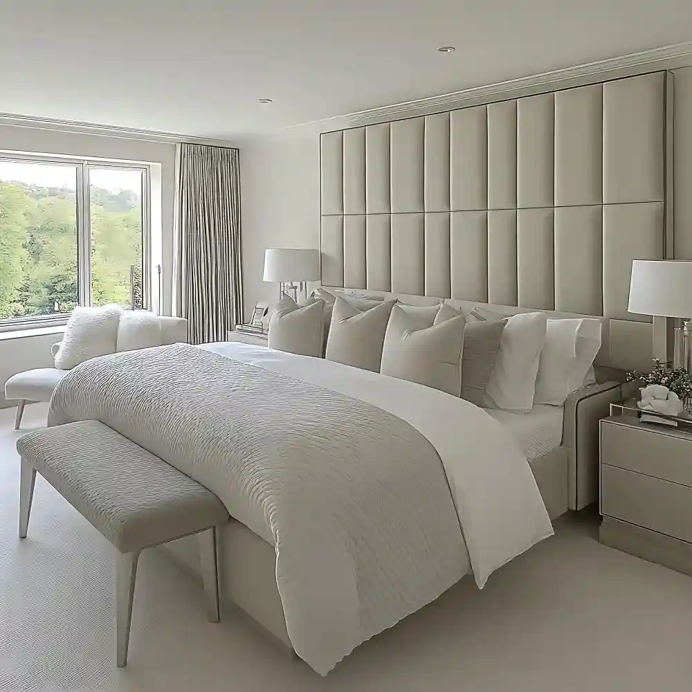 Vertical channel-tufted linen headboard in greige framing a soft layered queen bed