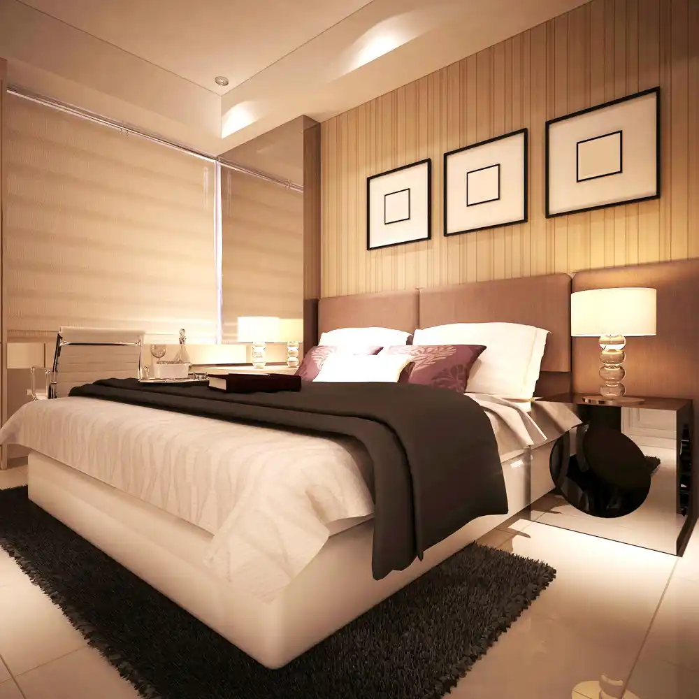 Side by side bedroom mistakes to avoid, showing a flat cool-lit room versus a warm layered luxurious version
