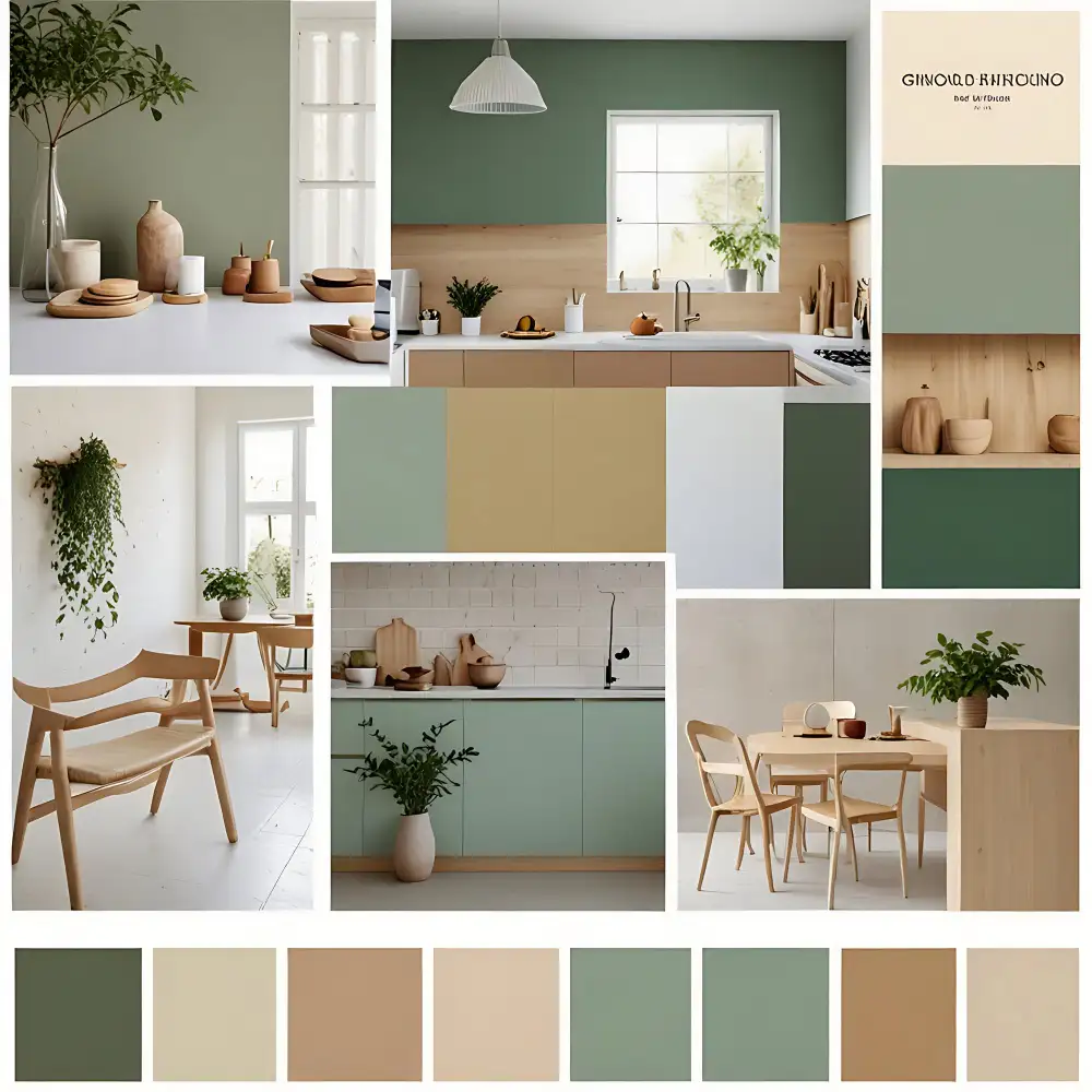 Mood board with neutral paint swatches, oak, linen, and brass samples for planning a bedroom palette