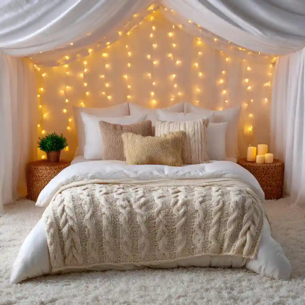 Chunky knit throw and boucle pillow layered over smooth cream linen on a cozy farmhouse bed