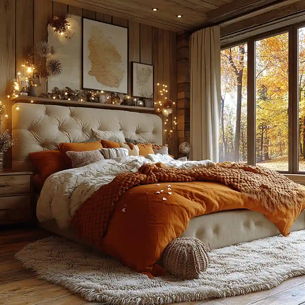 Chunky knit wool throw in warm mushroom tone folded asymmetrically at the foot of a linen-covered queen bed