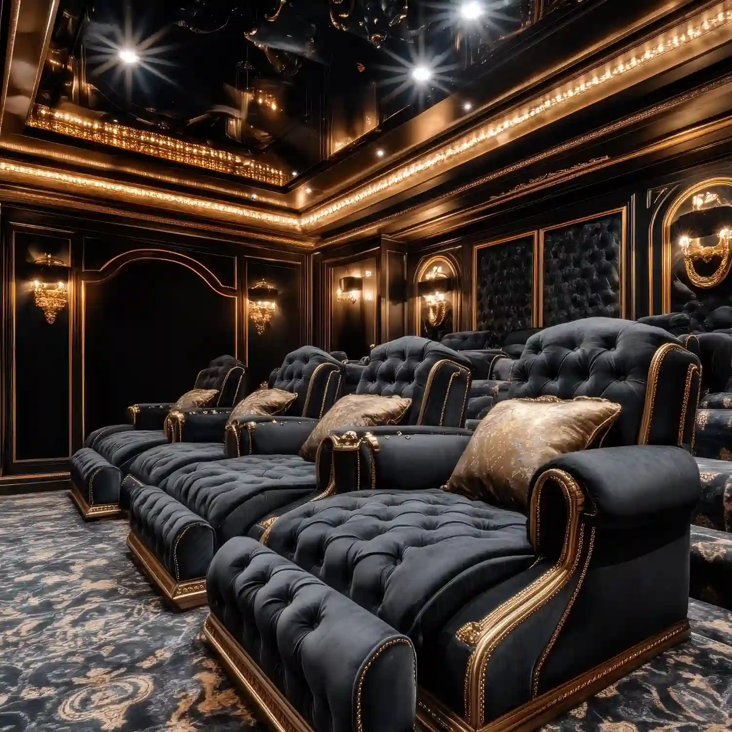 Classy man cave with navy blue walls, leather seating, brushed brass accents, and framed gallery wall artwork