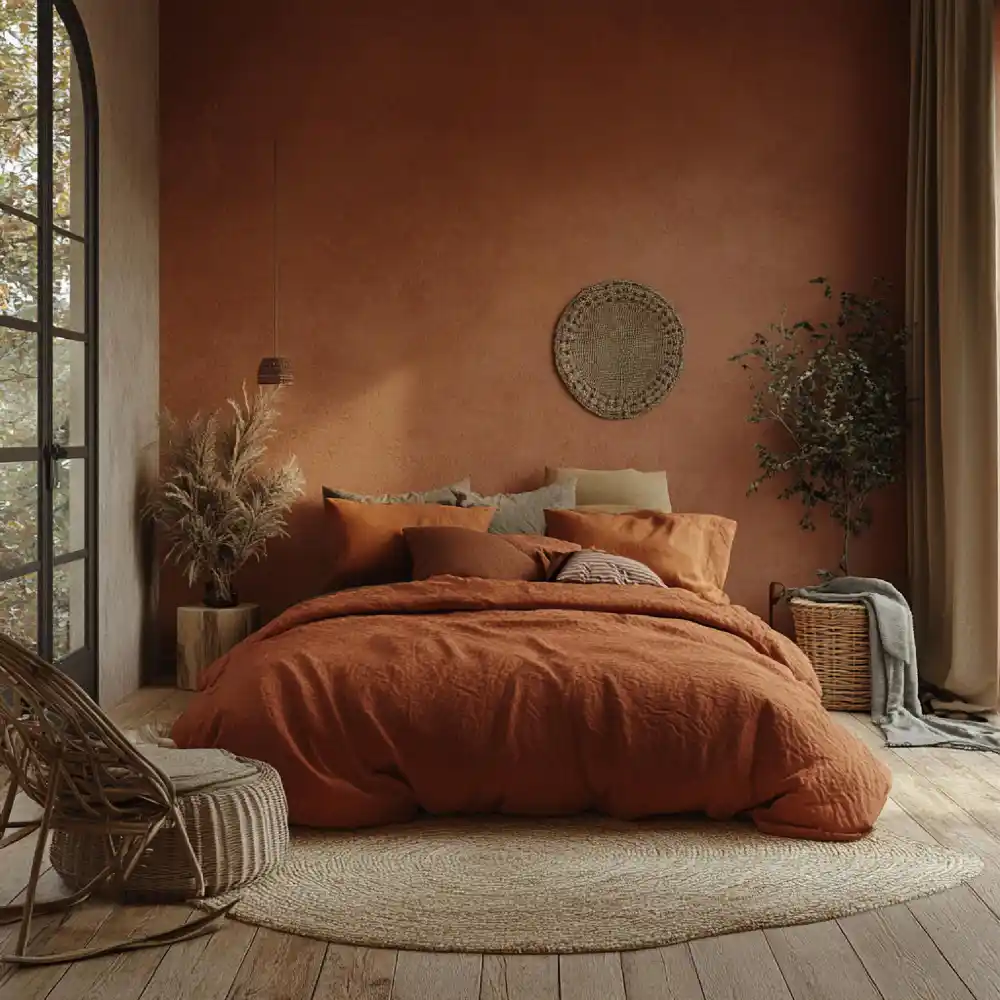 Cozy bedroom ideas shown with soft clay terracotta walls, white linen bedding, and warm oak furniture