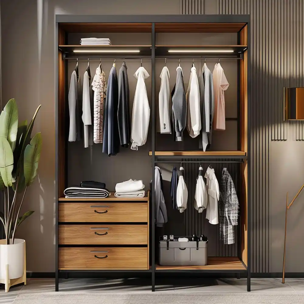 Freestanding brass clothes rack with linen curtain panel creating a soft wardrobe zone in a rental bedroom