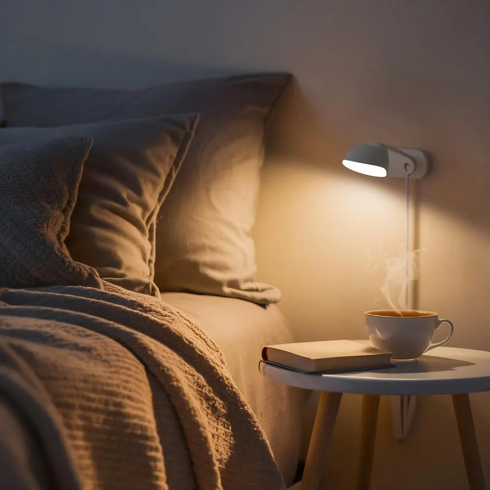 Side-by-side bedside table comparison showing a cluttered surface beside a calm, edited nightstand with a lamp and books