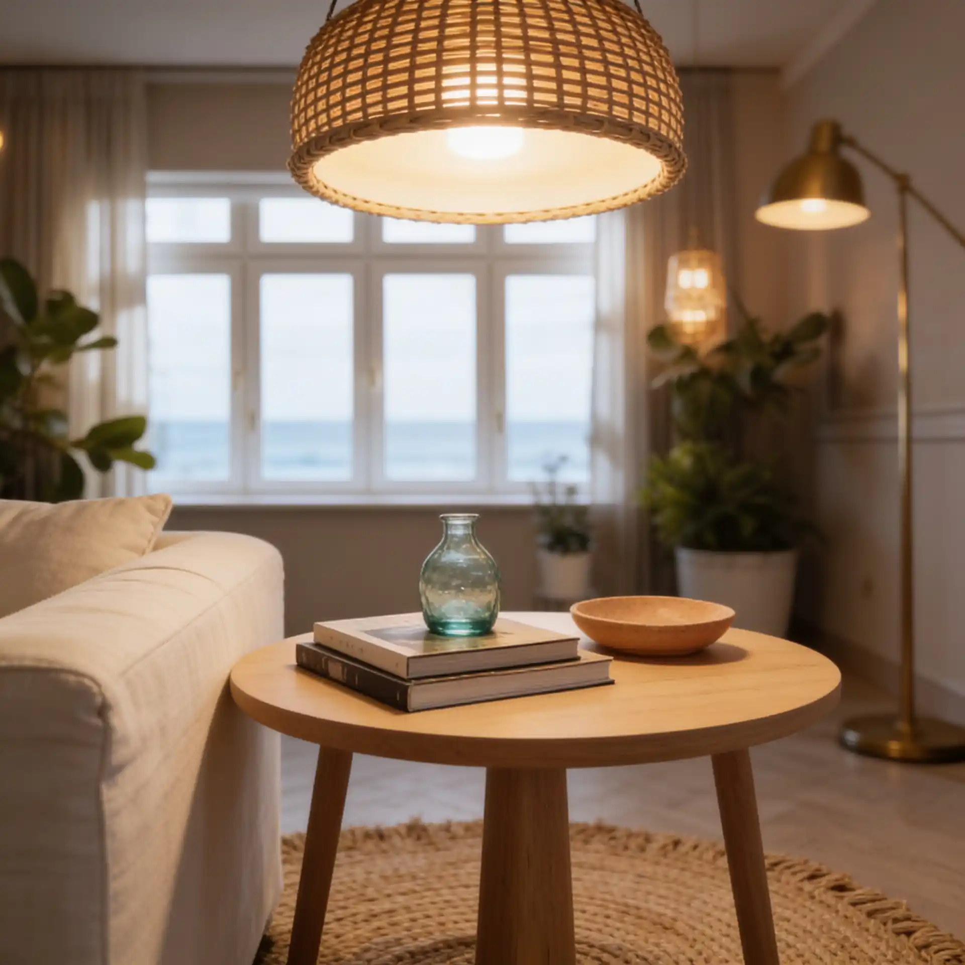 Styled coastal living room corner with rattan pendant, sea glass ceramics on oak side table, and warm 2700K layered lighting