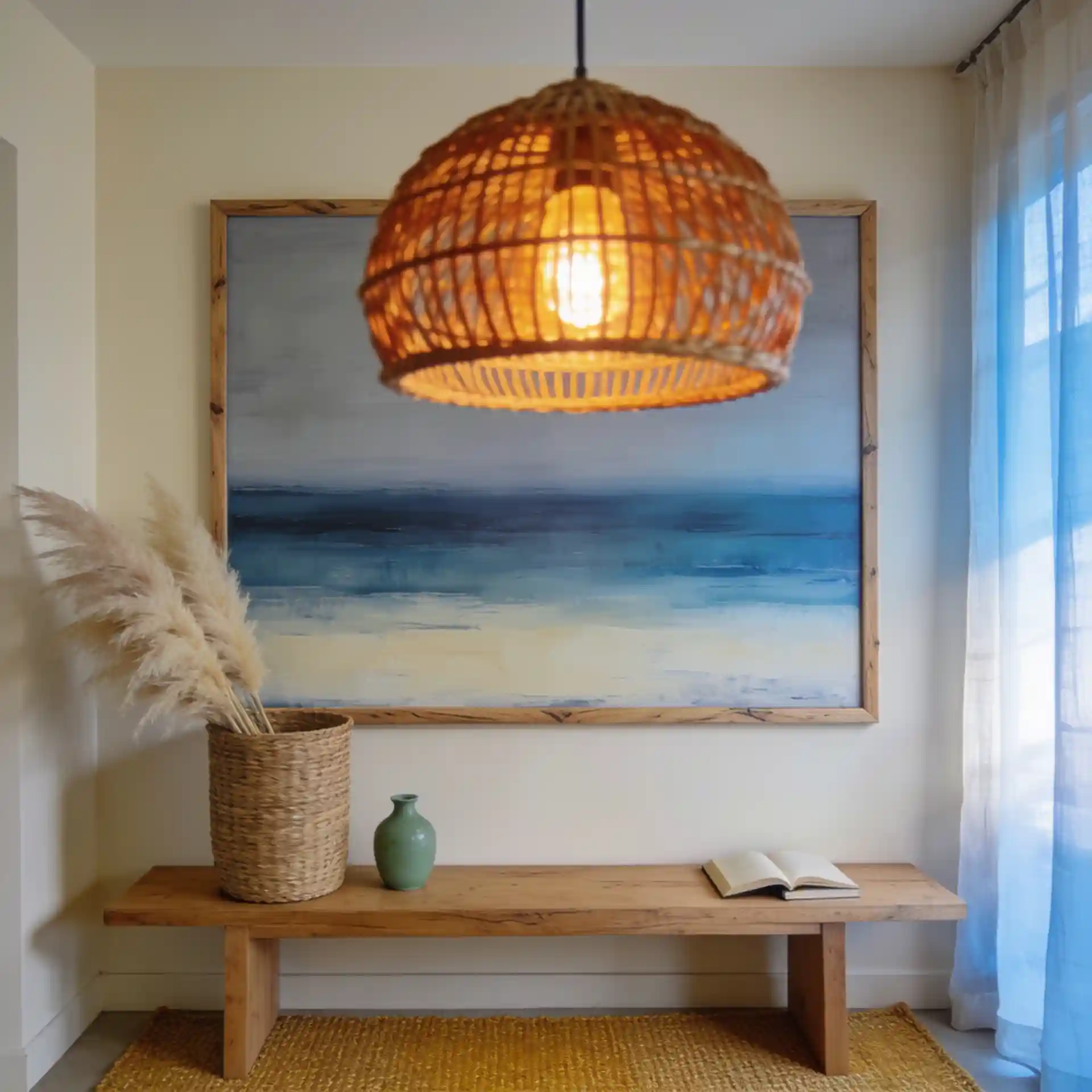 Modern coastal living room finishing details — abstract artwork, rattan pendant light, and pampas grass in woven basket against warm sand wall
