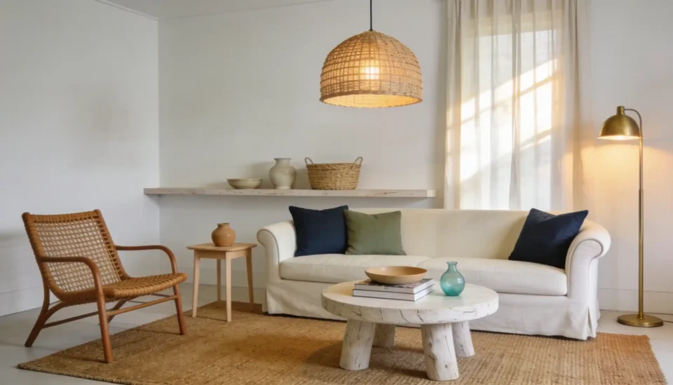 Bright coastal living room with soft white walls, cream linen sofa, jute rug, and rattan pendant in warm afternoon light
