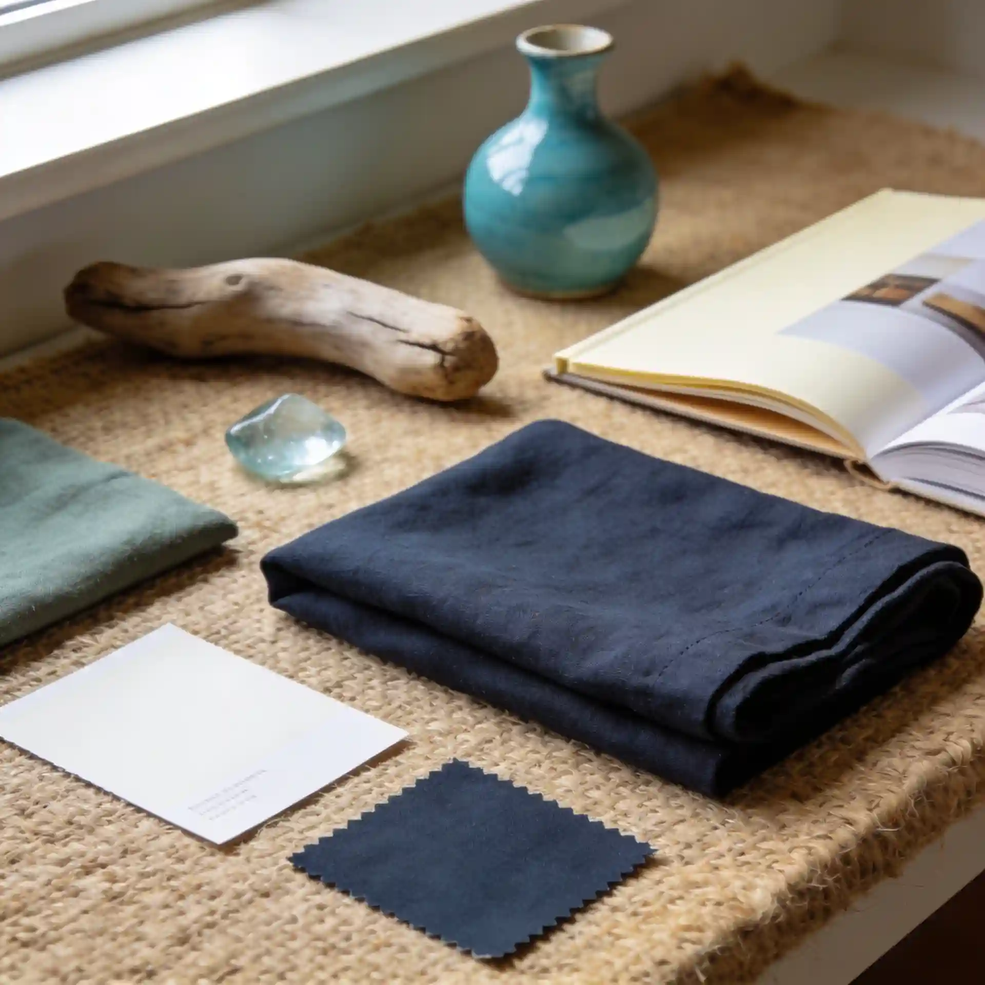 Coastal living room color palette vignette with warm greige paint chips, navy linen, sage green textile, and sea glass ceramic