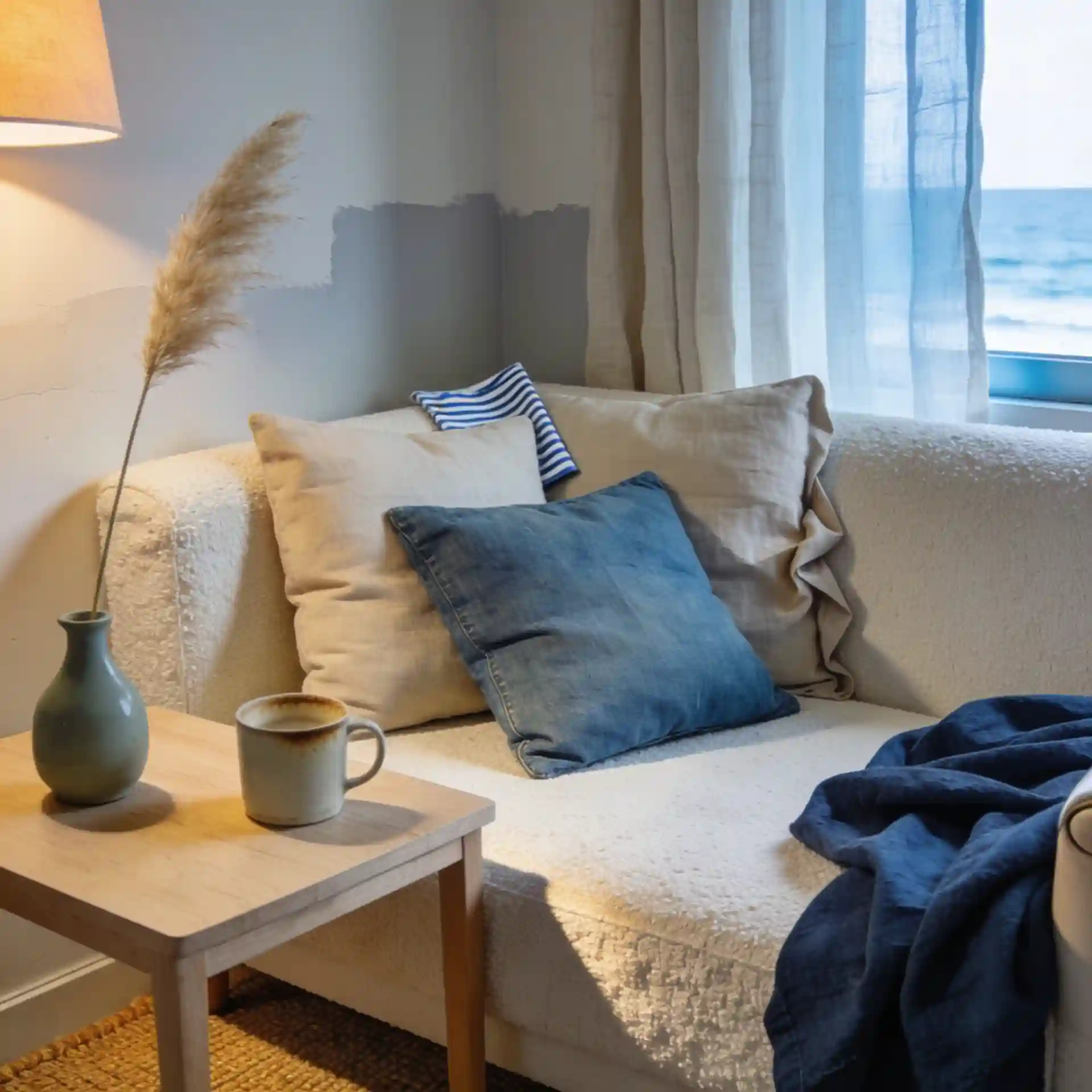 Coastal living room corner showing low-profile cream linen sofa with oat and navy cushions beside a rattan pendant light in soft afternoon light