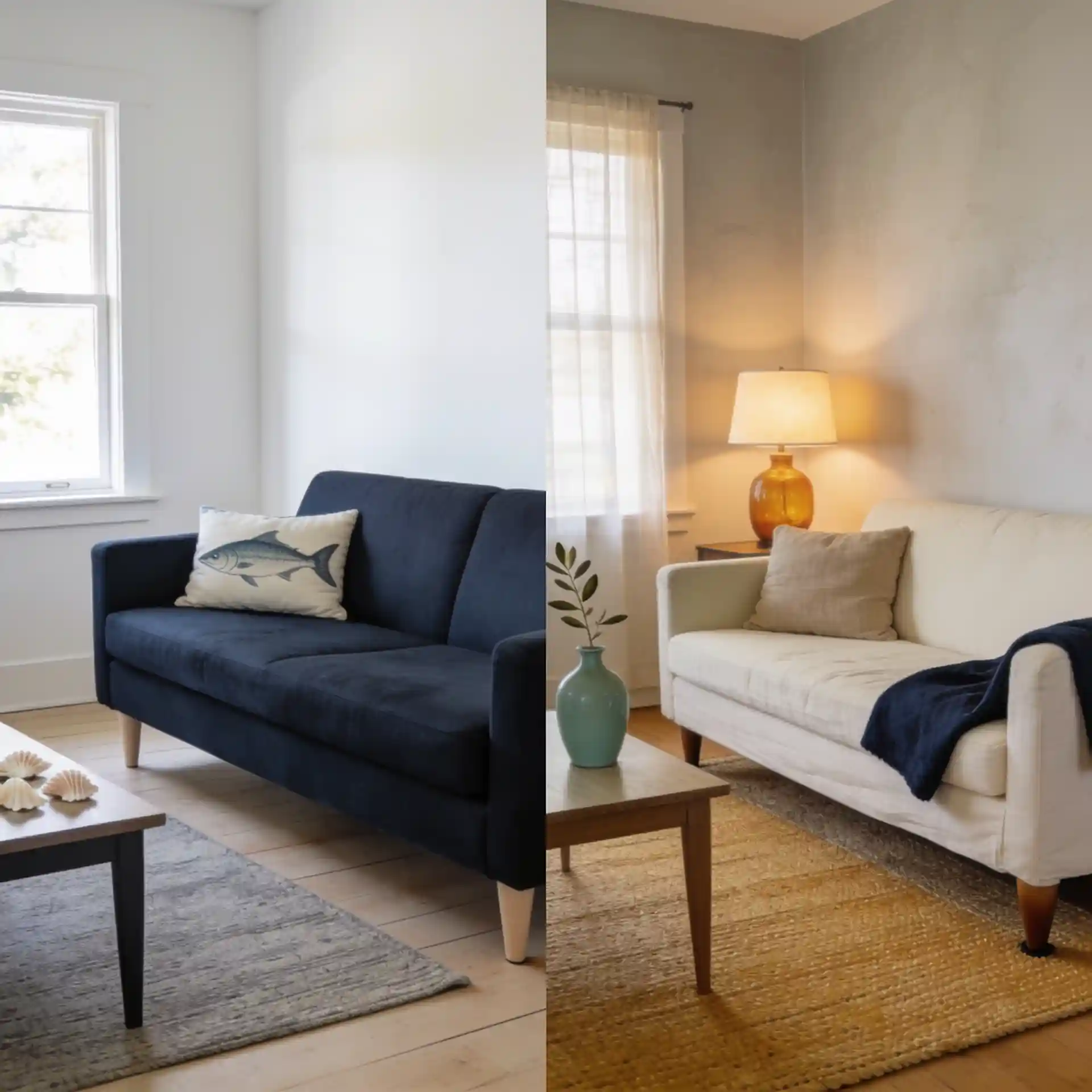 Side-by-side comparison of coastal living room mistakes — bright white walls and themed decor versus warm white and natural materials