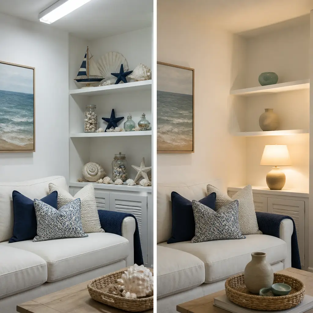 Side-by-side comparison of cluttered novelty-accessory coastal room versus calm natural-material coastal living room design