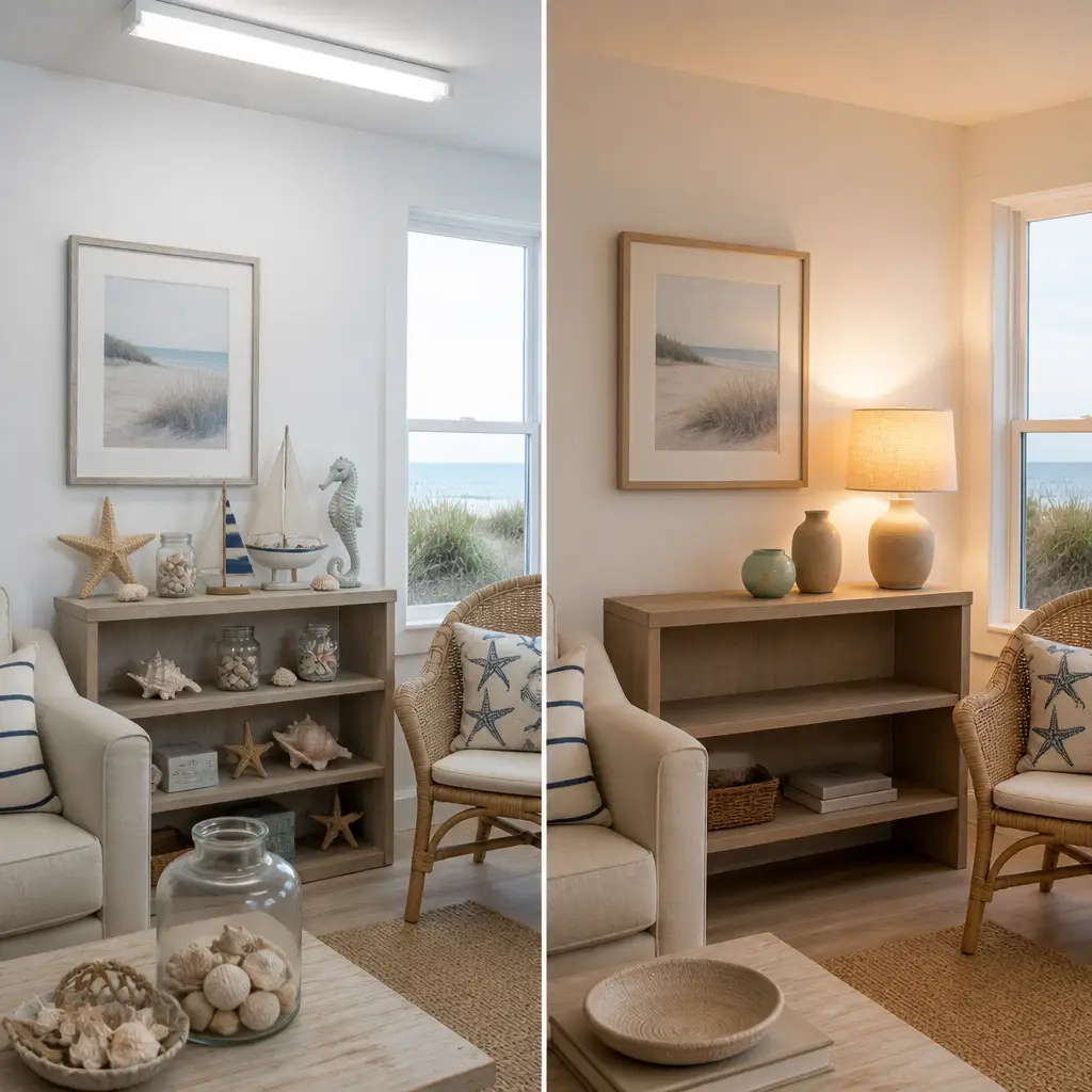 Small coastal living room with cream loveseat, round coffee table, jute rug, and ceiling-height sheer linen curtains