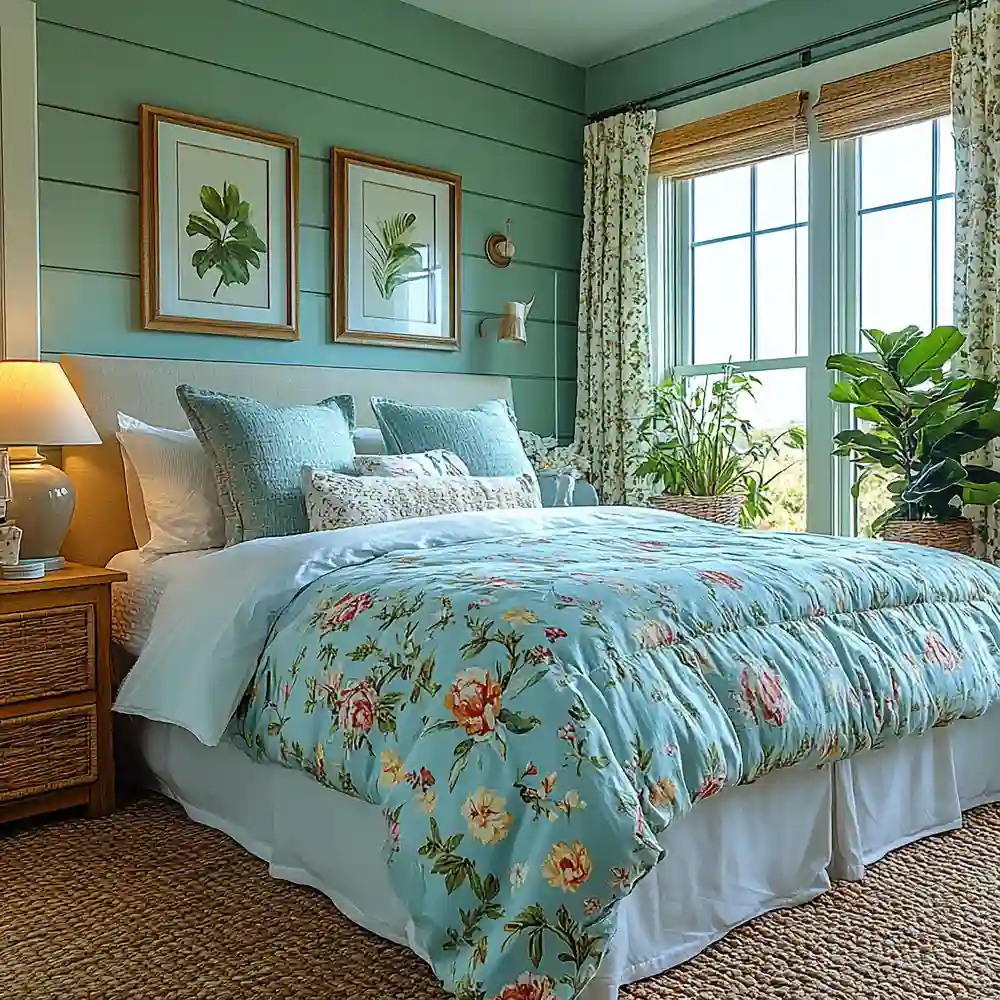 Airy coastal bedroom with cream linen bedding, rattan headboard, and washed blue accents near a window