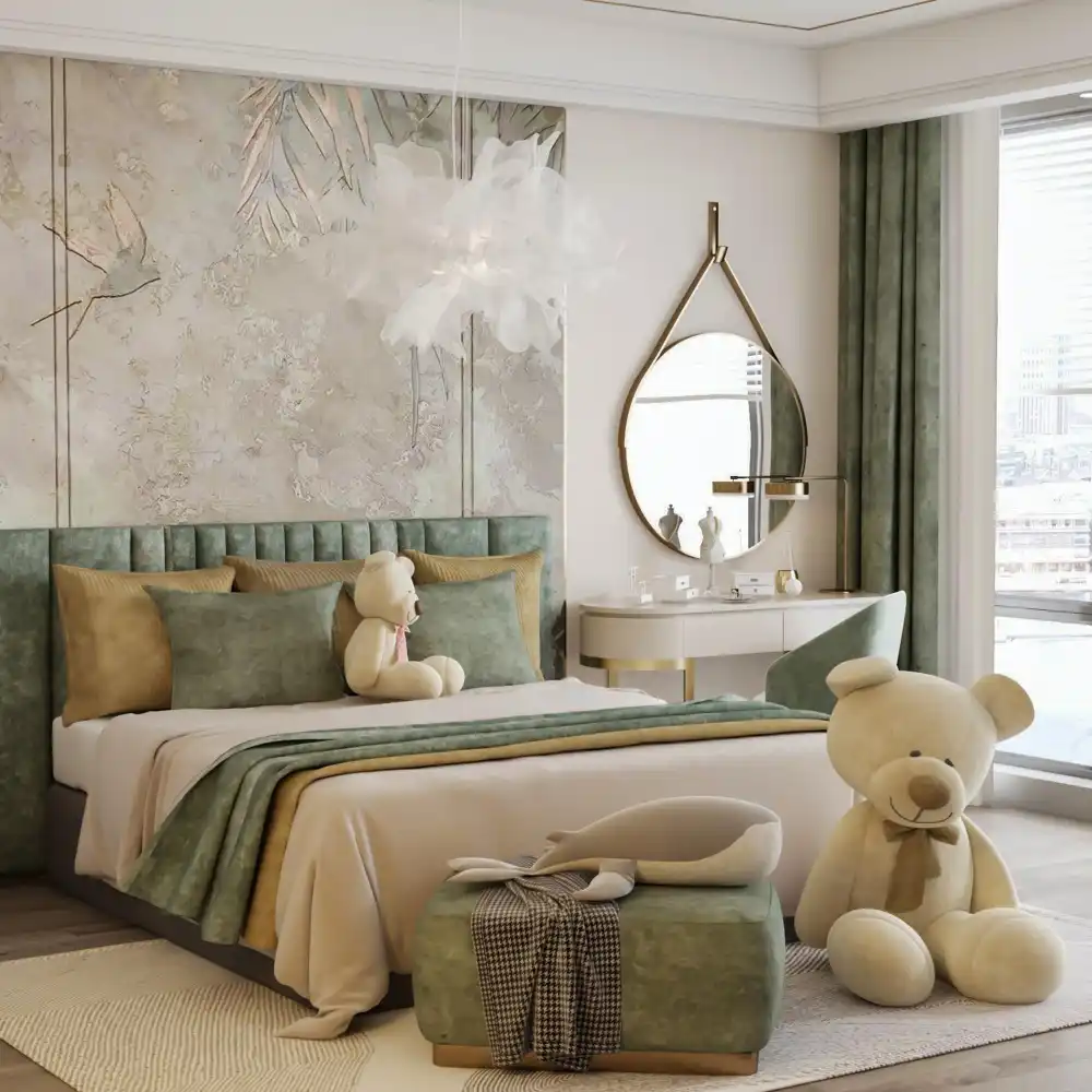 Coastal sage teen bedroom with sage green walls, natural jute rug, sheer linen curtains, and a brass plug-in sconce