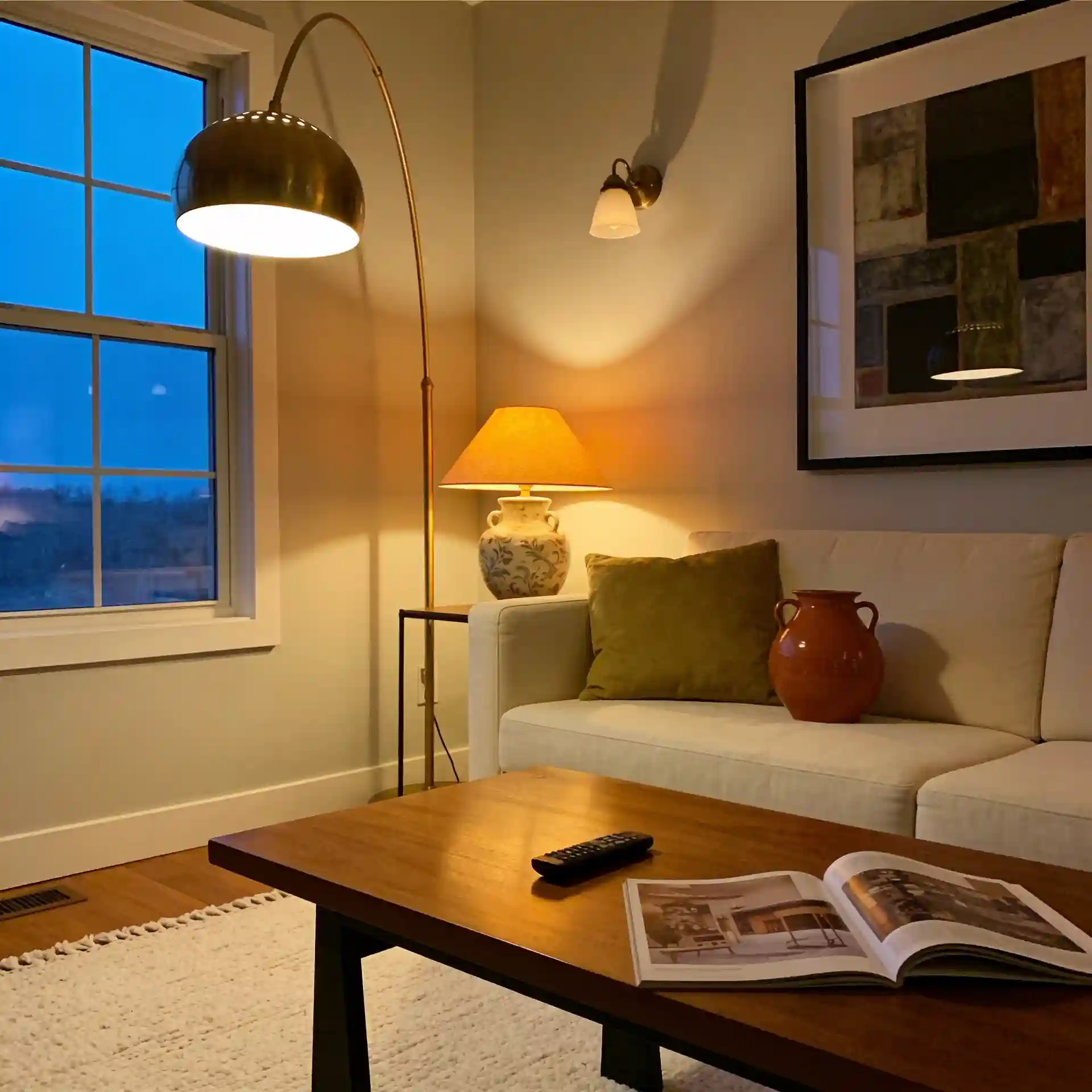 Elevated coffee table decor with ceramic bowl, tray, book, low vase, and warm natural texture