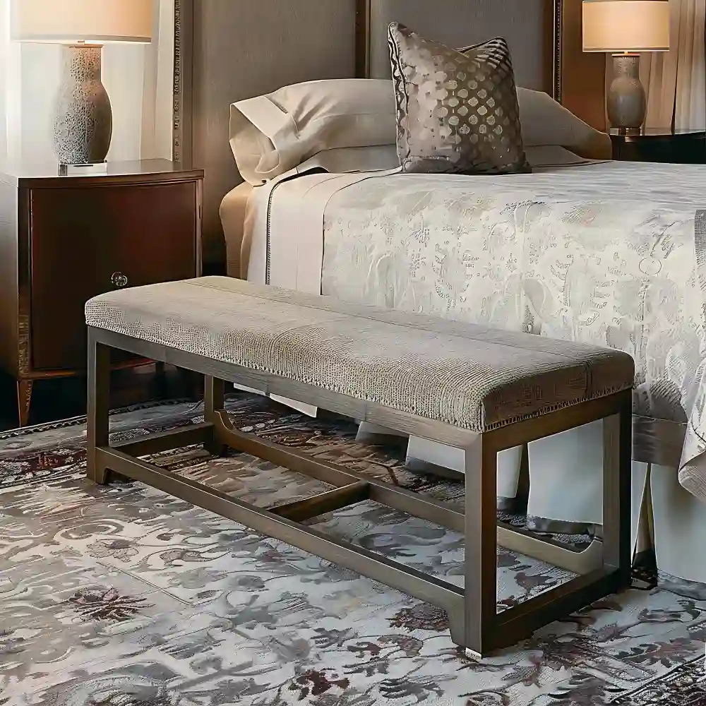 Cognac leather bench at the foot of a bed with worn-in patina in a warm modern bedroom