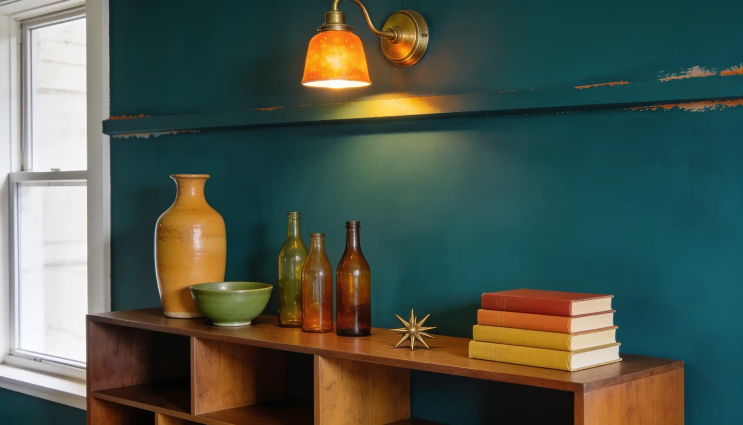Mid century modern living room with a deep teal accent wall behind walnut open shelving and warm brass lighting
