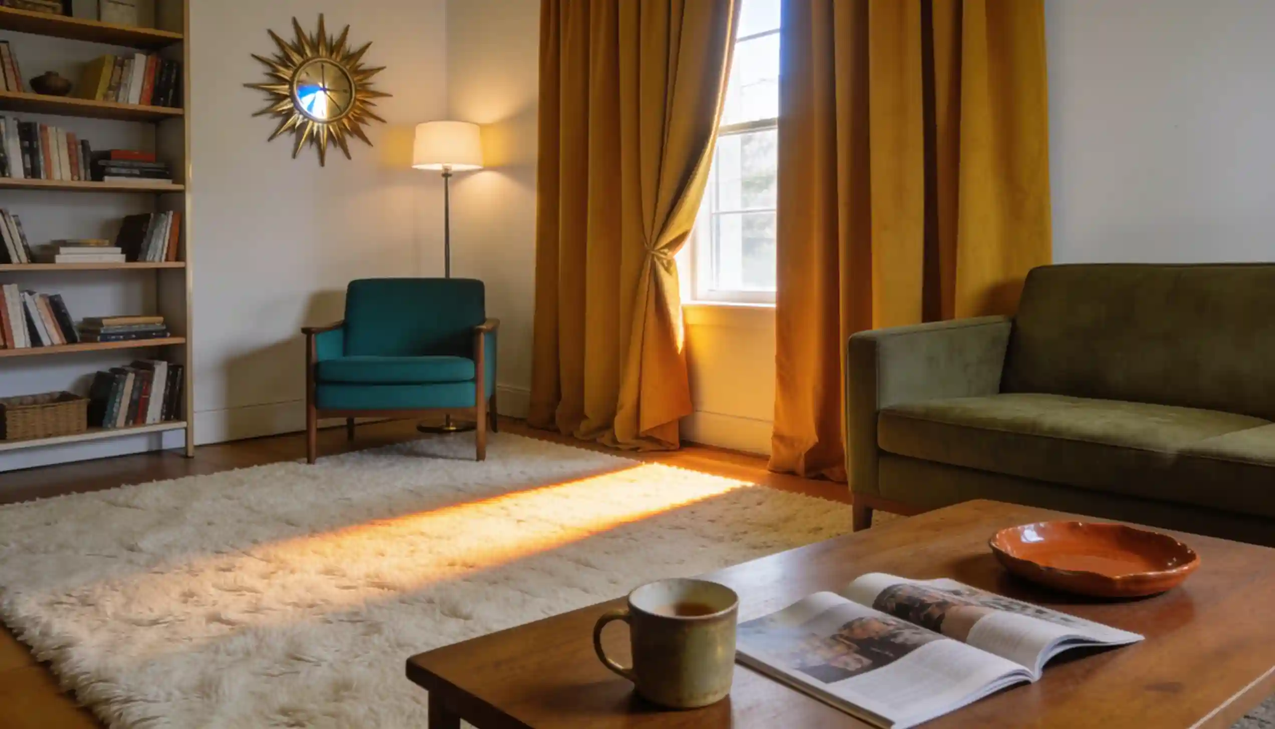 Full view of colorful mid century modern living room showing mustard sofa, olive armchair, geometric rug, and walnut tables in balance