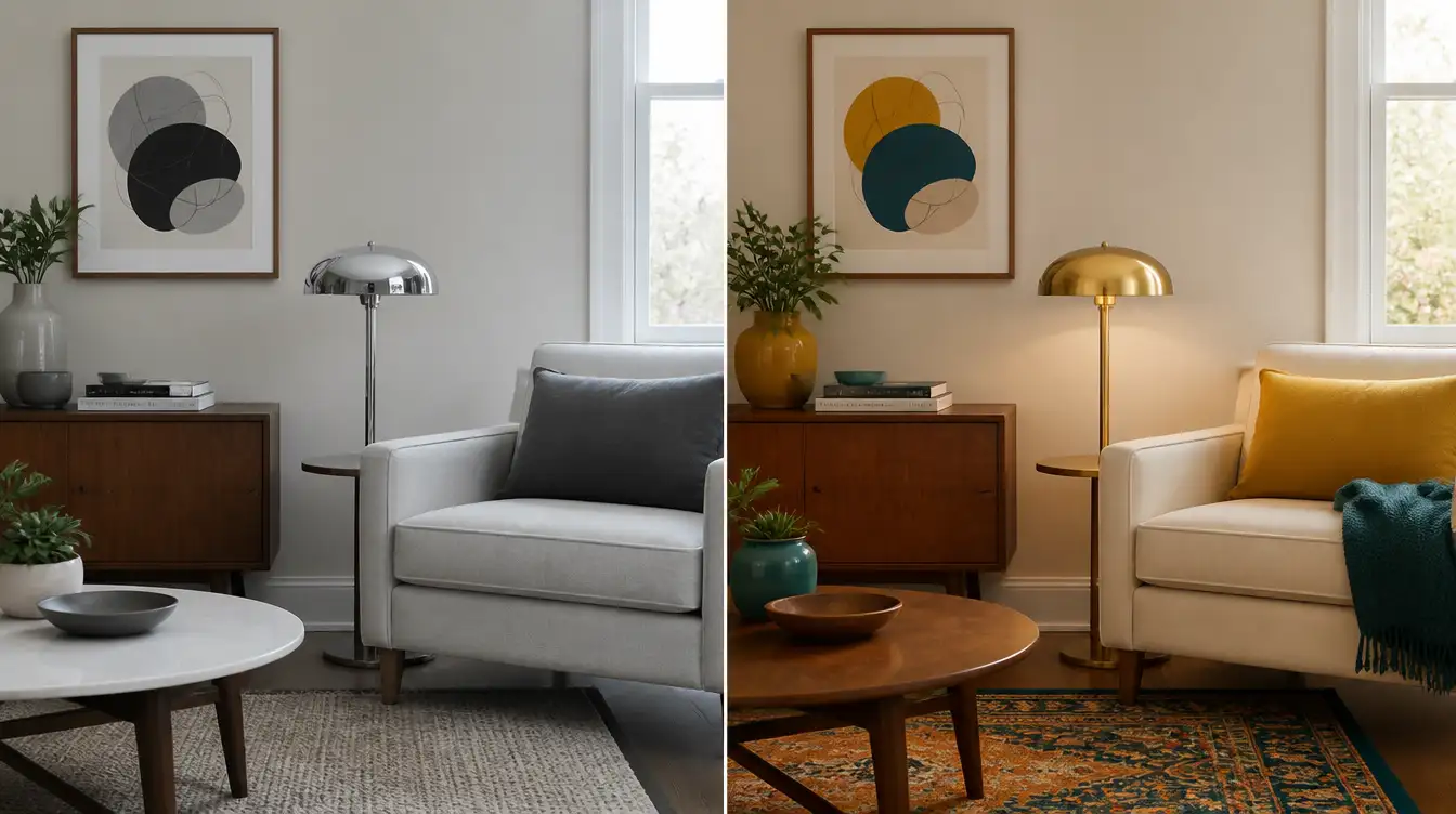 Before and after split showing common colorful mid century modern living room mistakes corrected with the right palette and metal finish