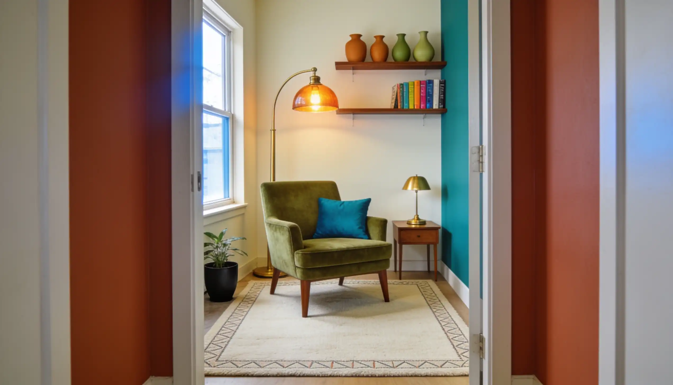 Small apartment living room in colorful mid century modern palette with one bold olive armchair, brass floor lamp, and cream wool rug