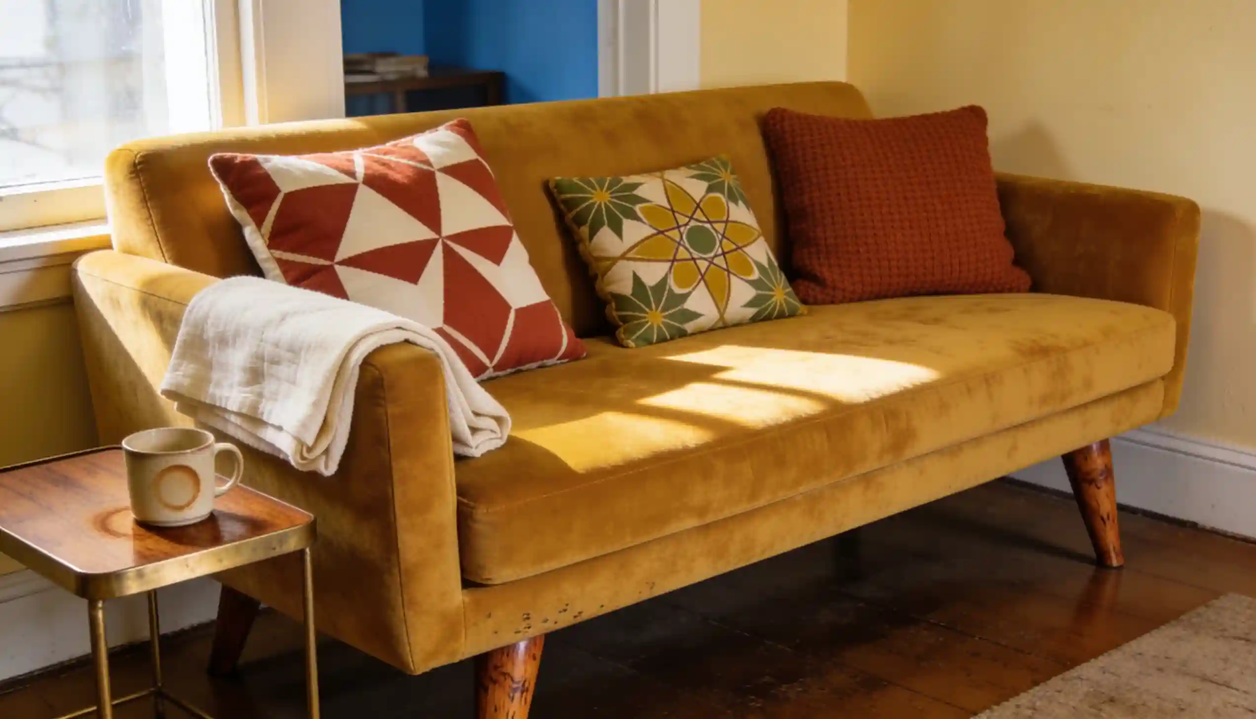 Mustard velvet sofa with walnut tapered legs in a mid century modern living room with brass floor lamp and geometric cushions