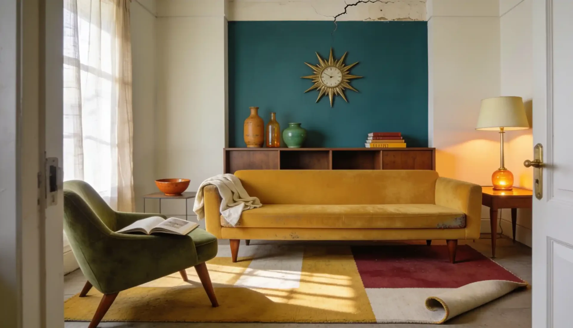Colorful mid century modern living room with mustard velvet sofa, walnut furniture, geometric wool rug, and warm brass accents