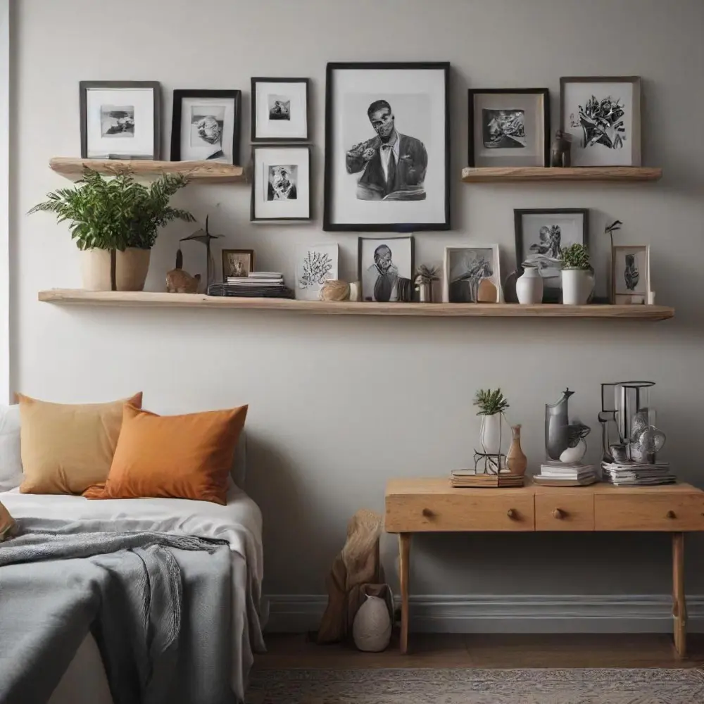 Gallery wall of black-framed art prints above a dresser, hung using rental bedroom ideas with no nail holes