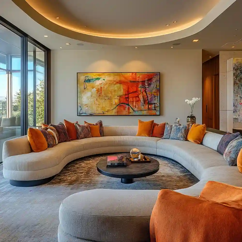 Contemporary living room focal wall with large abstract canvas, curved sofa, and oak shelving with styled ceramics