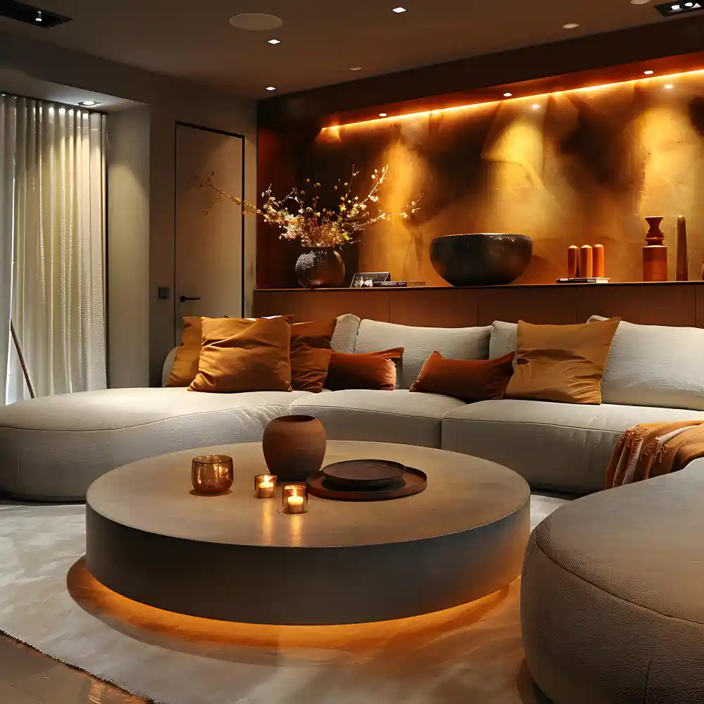 Contemporary living room with three-source layered lighting — floor lamp, table lamp, and pendant at 2700K warmth
