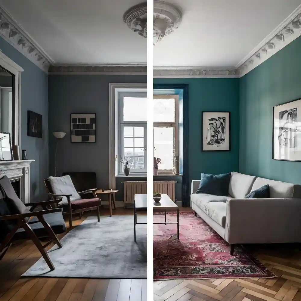 Before and after comparison of contemporary living room with undersized rug and single light versus correct proportions