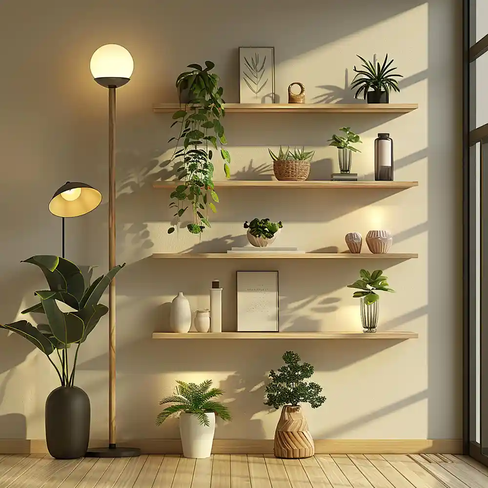 Floating shelf in a contemporary living room styled with matte ceramics, design books, and one trailing plant