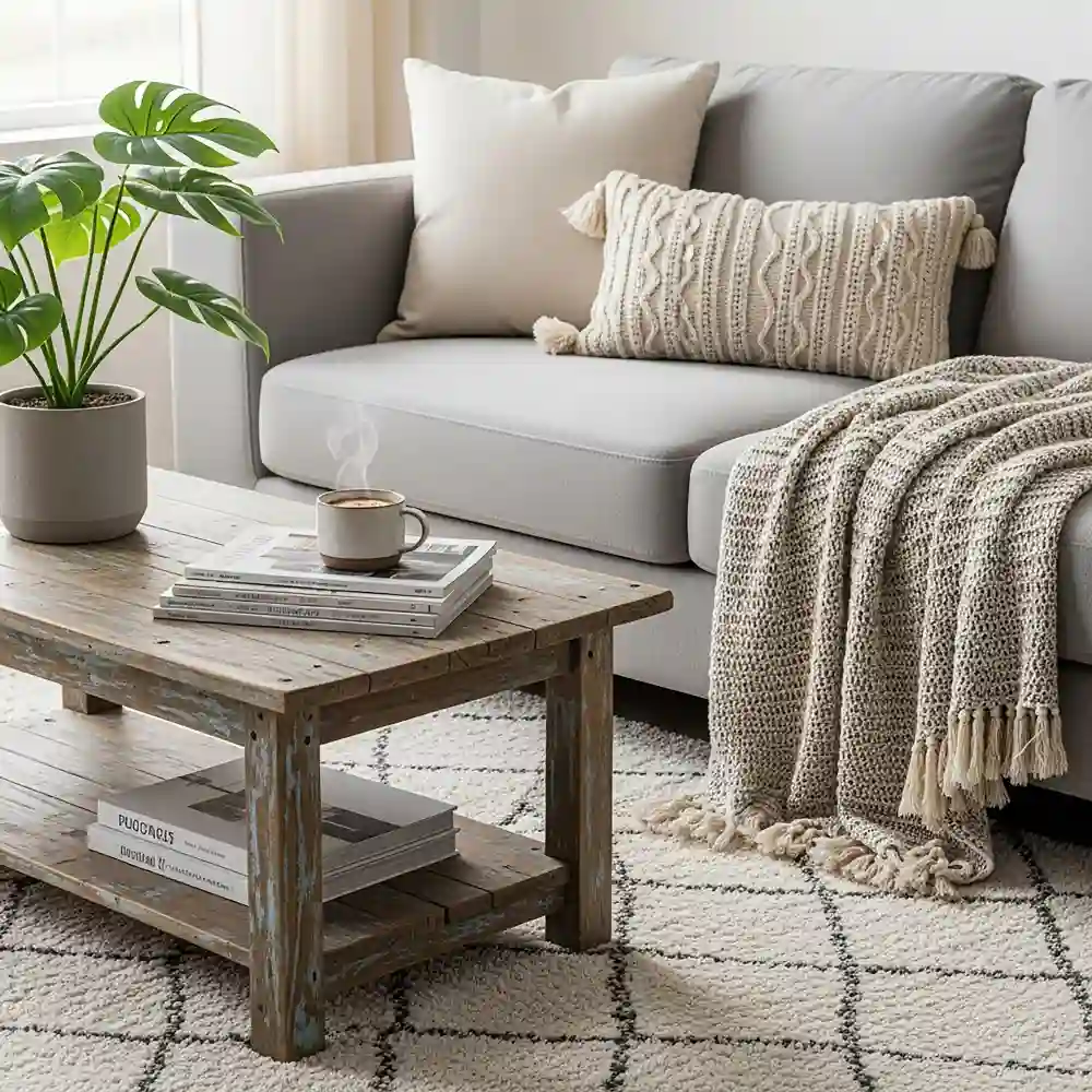 Low-profile linen sofa on an 8x10 jute rug with organic-shaped oak coffee table in a contemporary living room