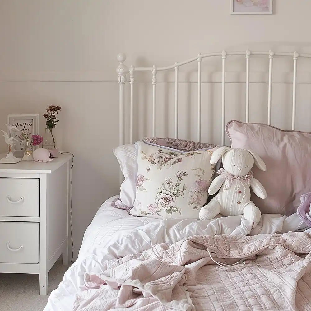 Coquette dorm bedding with dusty rose duvet, cream lace pillowcases, and a blush knit throw on a Twin XL bed
