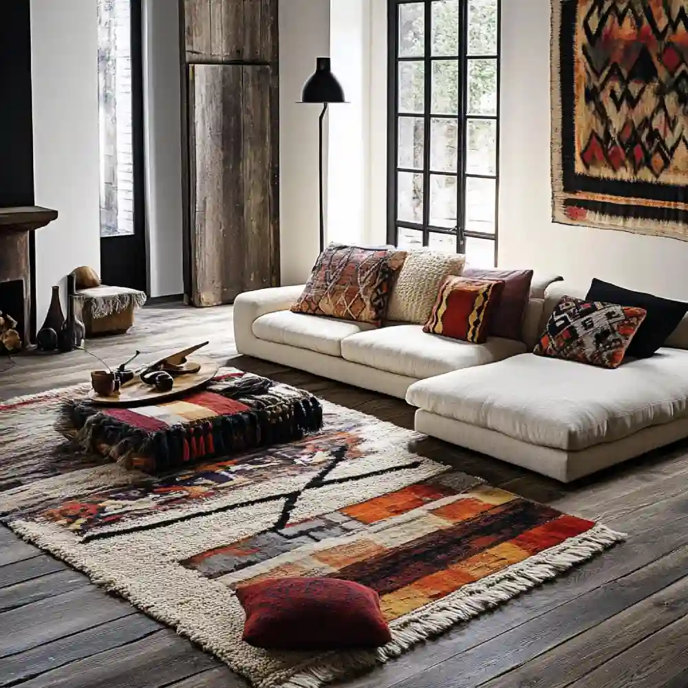 Country farmhouse living room seating zone with a natural jute rug, reclaimed wood coffee table, and wicker basket on the floor