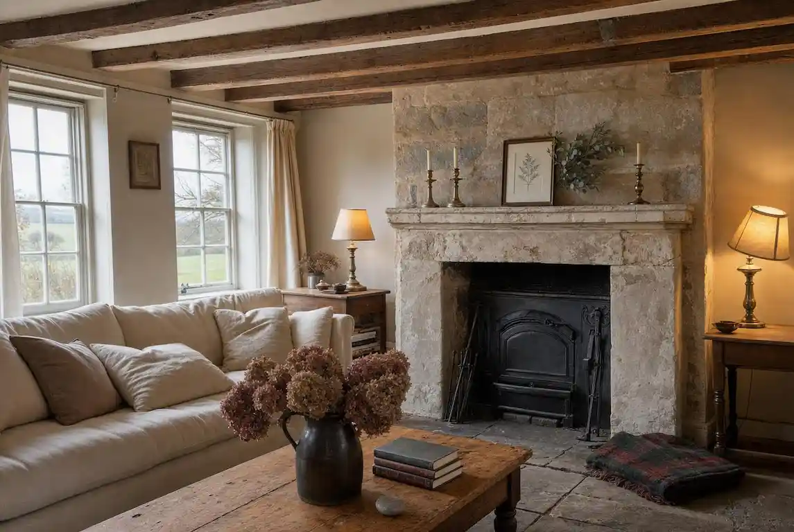Country farmhouse living room with stone fireplace, exposed oak beams, antique pine furniture, and linen sofa in warm cream