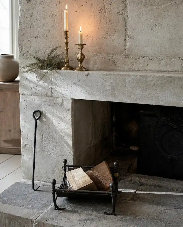 Stone fireplace surround with worn flagstone hearth, dried botanicals, and antique brass candlesticks in a country farmhouse living room